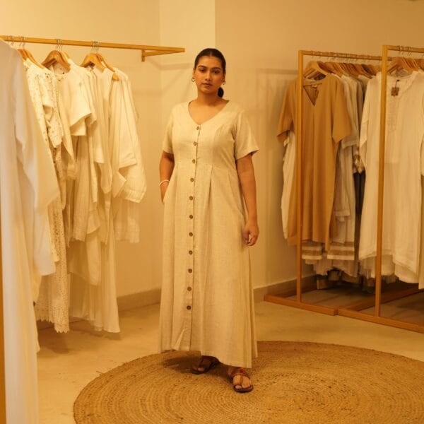 Western Classic Designer Linen Beige Color Long Front Open Loungewear - Image 3