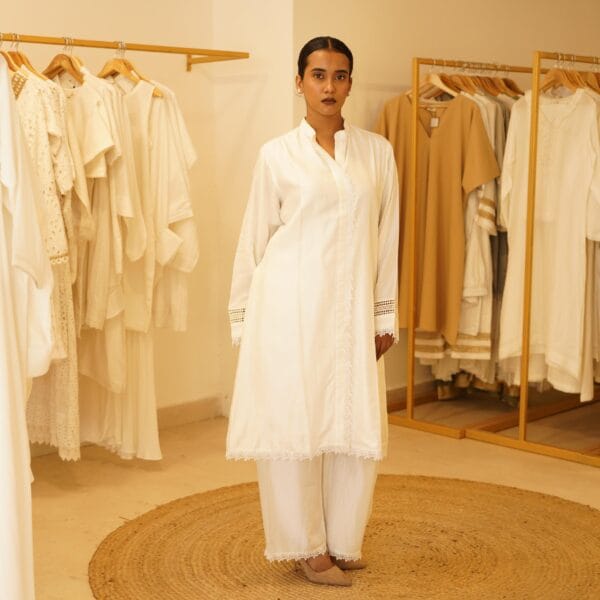 Indian Ethnic Classical Designer White Pure Silk with White Lace, long Sleeves Kurta & Bottom 2 PC Set - Image 6