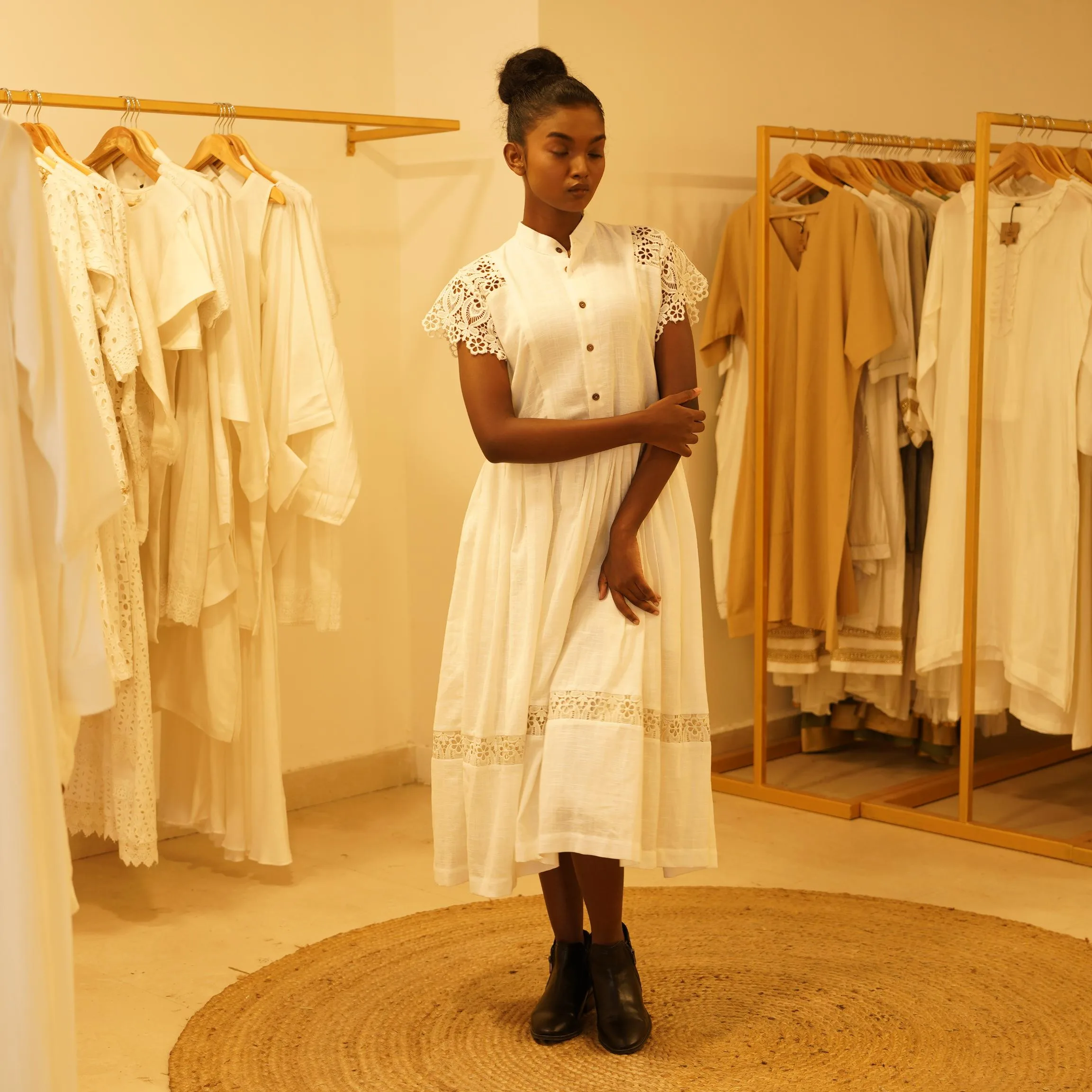 Classic Western Designer Cotton Linen White with Chikan Lace work Loungewear - Image 2