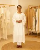 Women Indian Classical Ethnic Designer White Pure Silk 2PC Suit with Round Neck With Wooden Buttoned Kurta & Bottom