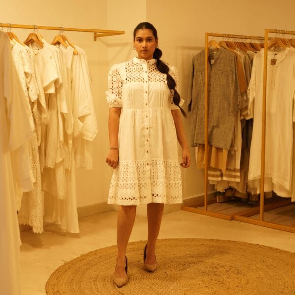 Classic Western Designer White Chikan Dress with Front Open Mandarin Collar Spanish Dress Loungewear - Image 2