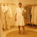 Classic Western Designer White Chikan Dress with Front Open Mandarin Collar Spanish Dress Loungewear