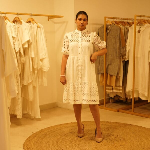 Classic Western Designer White Chikan Dress with Front Open Mandarin Collar Spanish Dress Loungewear - Image 6