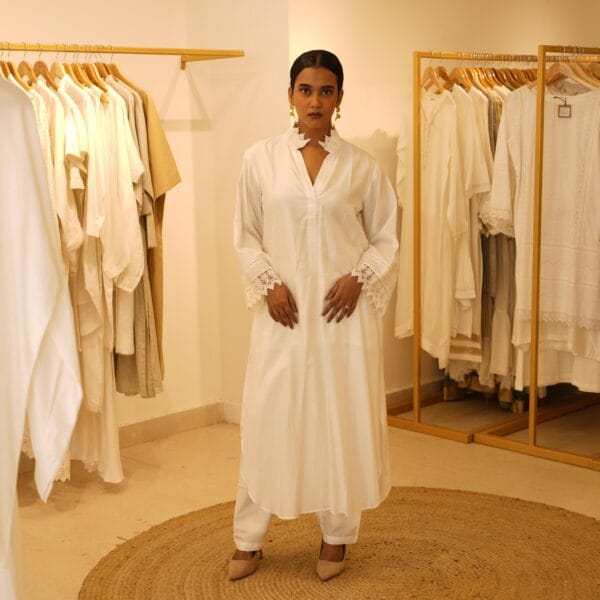 Indian Ethnic Classical Designer White Pure Silk with White Lace Kurta & Bottom 2 PC Set - Image 7