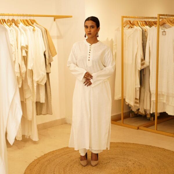 Indian Ethnic Classic Designer Linen White Kurta & Bottom- 2 PC Suit - Image 8