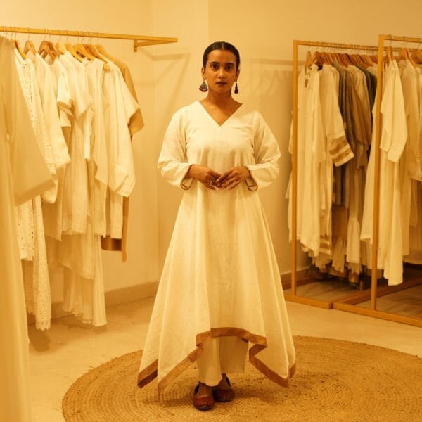 Indian Ethnic Classic Designer Premium Cotton White Kurta With Golden Border & Bottom 2 PC Set