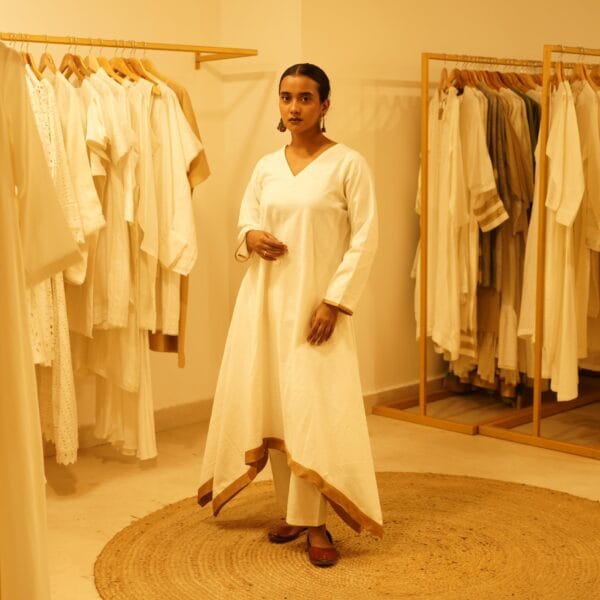 Indian Ethnic Classic Designer Premium Cotton White Kurta With Golden Border & Bottom 2 PC Set - Image 4