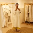 Indian Ethnic Classic Designer Cotton Linen White Kurta & Yellow Bottom- 2 PC Suit