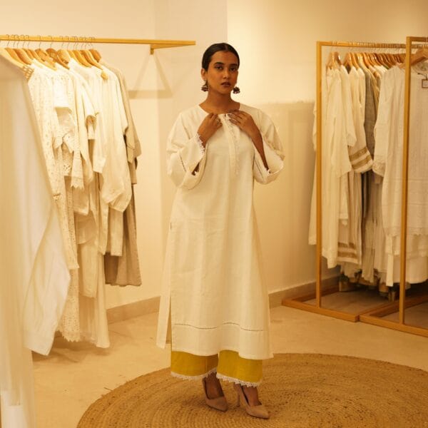 Indian Ethnic Classic Designer Cotton Linen White Kurta & Yellow Bottom- 2 PC Suit - Image 3