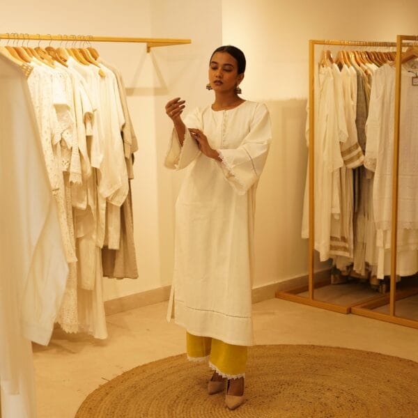 Indian Ethnic Classic Designer Cotton Linen White Kurta & Yellow Bottom- 2 PC Suit - Image 5