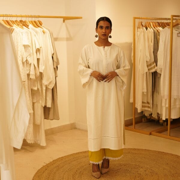 Indian Ethnic Classic Designer Cotton Linen White Kurta & Yellow Bottom- 2 PC Suit - Image 4