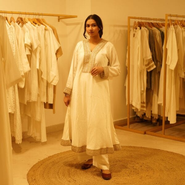 Ethnic Classical Designer White Pure Silk Indian Kurta Laced with Golden Detailed Borderwork & Matching Bottom