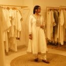 Ethnic Classical Designer White Pure Silk Indian Kurta Laced with Golden Detailed Borderwork & Matching Bottom