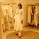 Ethnic Classical Designer White Pure Silk Indian Kurta Laced with Golden Detailed Borderwork & Matching Bottom