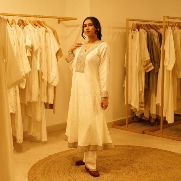 Ethnic Classical Designer White Pure Silk Indian Kurta Laced with Golden Detailed Borderwork & Matching Bottom - Image 8