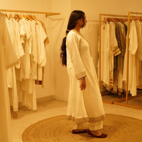 Ethnic Classical Designer White Pure Silk Indian Kurta Laced with Golden Detailed Borderwork & Matching Bottom - Image 10