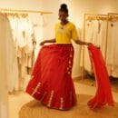 Indian Ethnic Classics Designer Premium Cotton Yellow Choli Top, Red Lehnga Bottom & Rustic Red Chanderi Chunri Stroll 3 PC Set