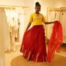 Indian Ethnic Classics Designer Premium Cotton Yellow Choli Top, Red Lehnga Bottom & Rustic Red Chanderi Chunri Stroll 3 PC Set