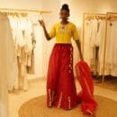 Indian Ethnic Classics Designer Premium Cotton Yellow Choli Top, Red Lehnga Bottom & Rustic Red Chanderi Chunri Stroll 3 PC Set