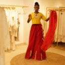 Indian Ethnic Classics Designer Premium Cotton Yellow Choli Top, Red Lehnga Bottom & Rustic Red Chanderi Chunri Stroll 3 PC Set