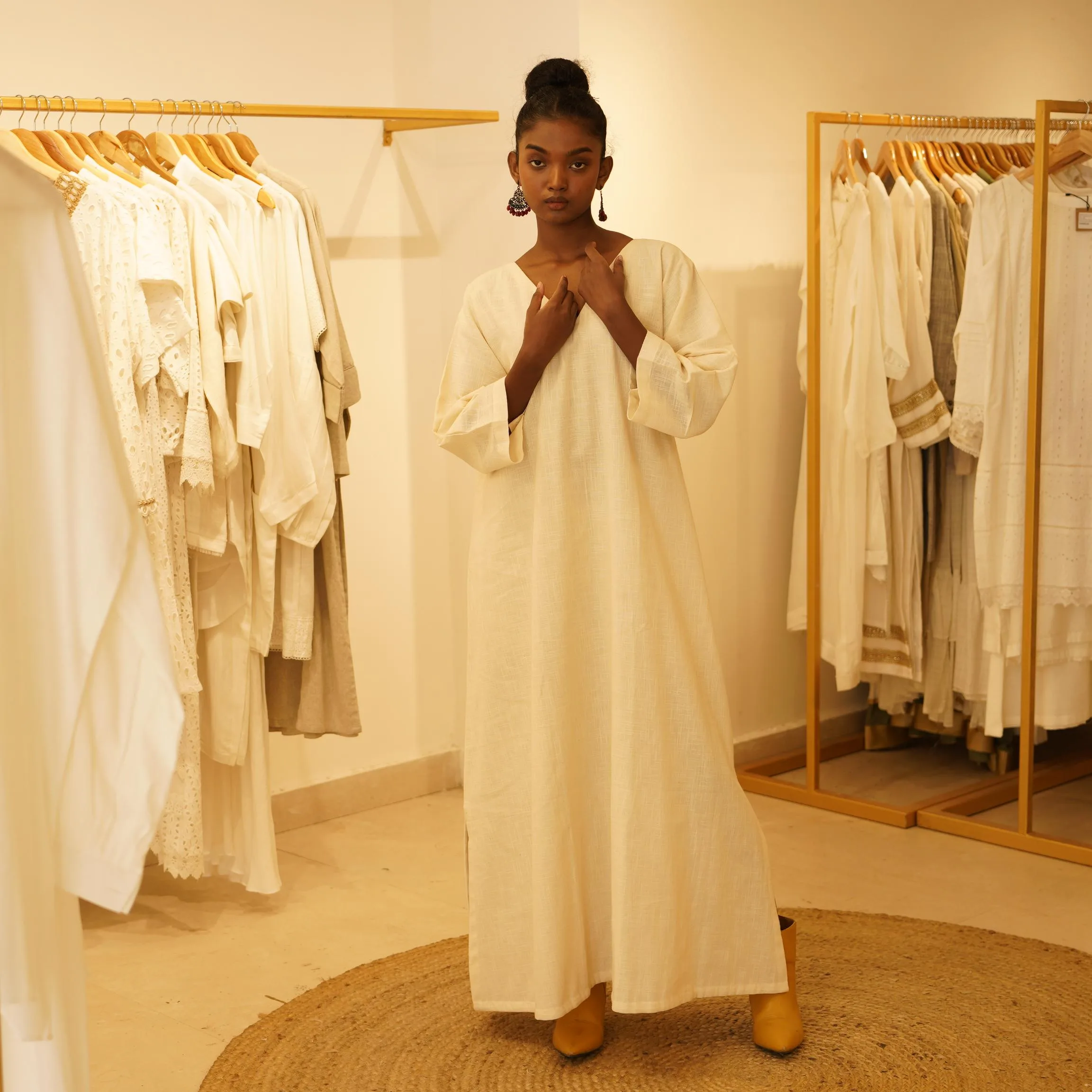 Western Classic Designer Natural Cotton Linen Beige Boho Style Long Skirt Loungewear - Image 3