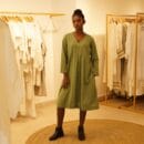 Classic Western Designer Cotton Linen Green Dress V Neck Loungewear