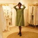 Classic Western Designer Cotton Linen Green Dress V Neck Loungewear