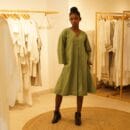 Classic Western Designer Cotton Linen Green Dress V Neck Loungewear