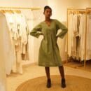 Classic Western Designer Cotton Linen Green Dress V Neck Loungewear