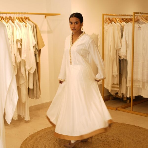 Indian Ethnic Classical Designer White Pure Silk White Long V Neck Loungewear Dress - Image 2