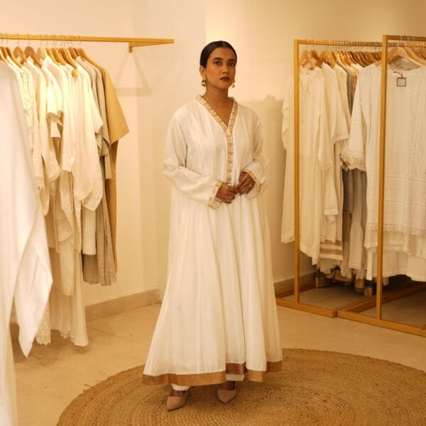 Indian Ethnic Classical Designer White Pure Silk White Long V Neck Loungewear Dress - Image 8