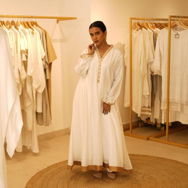 Indian Ethnic Classical Designer White Pure Silk White Long V Neck Loungewear Dress - Image 10