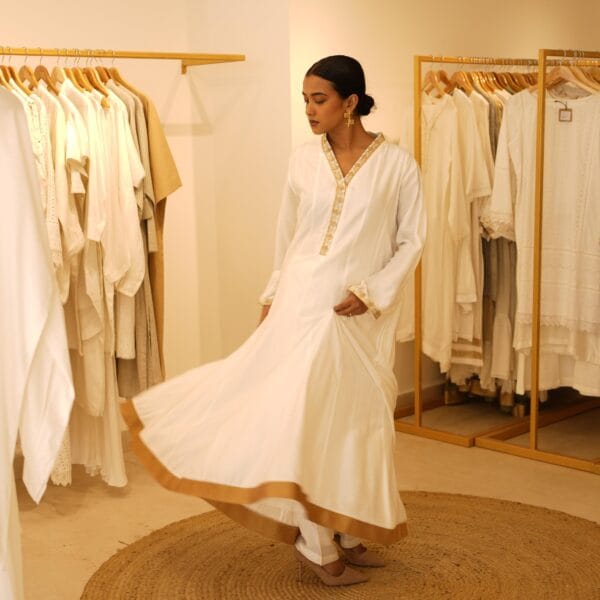 Indian Ethnic Classical Designer White Pure Silk White Long V Neck Loungewear Dress - Image 11