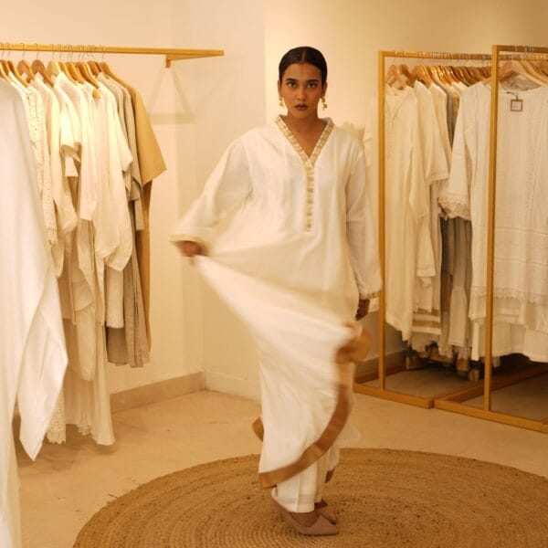 Indian Ethnic Classical Designer White Pure Silk White Long V Neck Loungewear Dress - Image 12