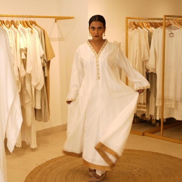 Indian Ethnic Classical Designer White Pure Silk White Long V Neck Loungewear Dress - Image 3