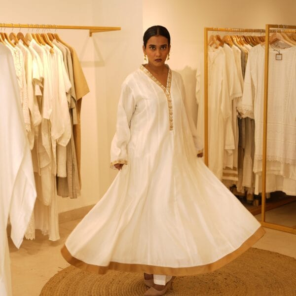 Indian Ethnic Classical Designer White Pure Silk White Long V Neck Loungewear Dress - Image 4