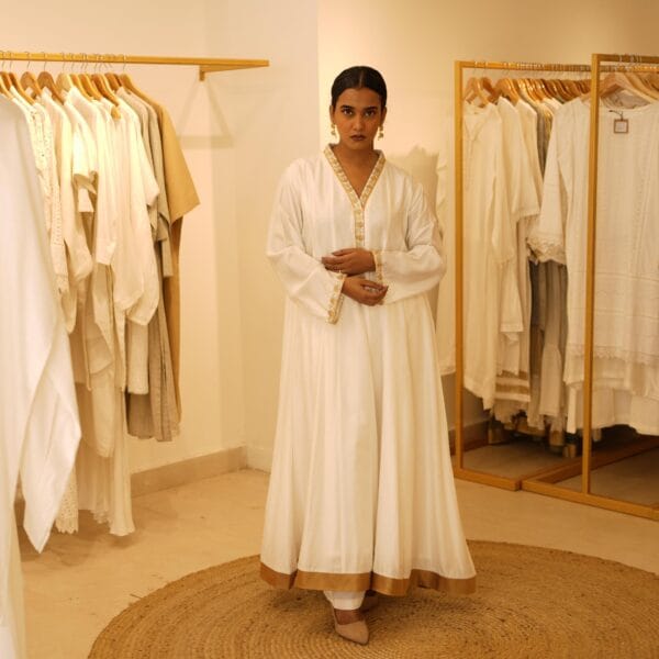 Indian Ethnic Classical Designer White Pure Silk White Long V Neck Loungewear Dress - Image 6