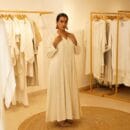 Classic Designer Linen Long Skirt Natural Beige Color O Cut Neck Dress Loungewear