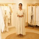 Classic Designer Linen Long Skirt Natural Beige Color O Cut Neck Dress Loungewear