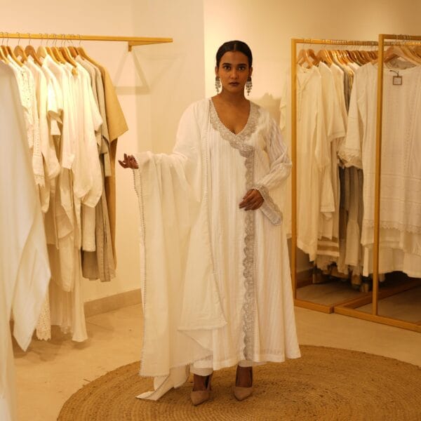 Women Indian Ethnic Designer White Silk with Silver Border Work Kurta & Matching Cotton Bottom - Image 3