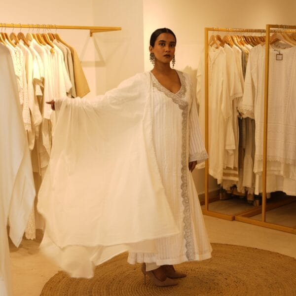 Women Indian Ethnic Designer White Silk with Silver Border Work Kurta & Matching Cotton Bottom - Image 5