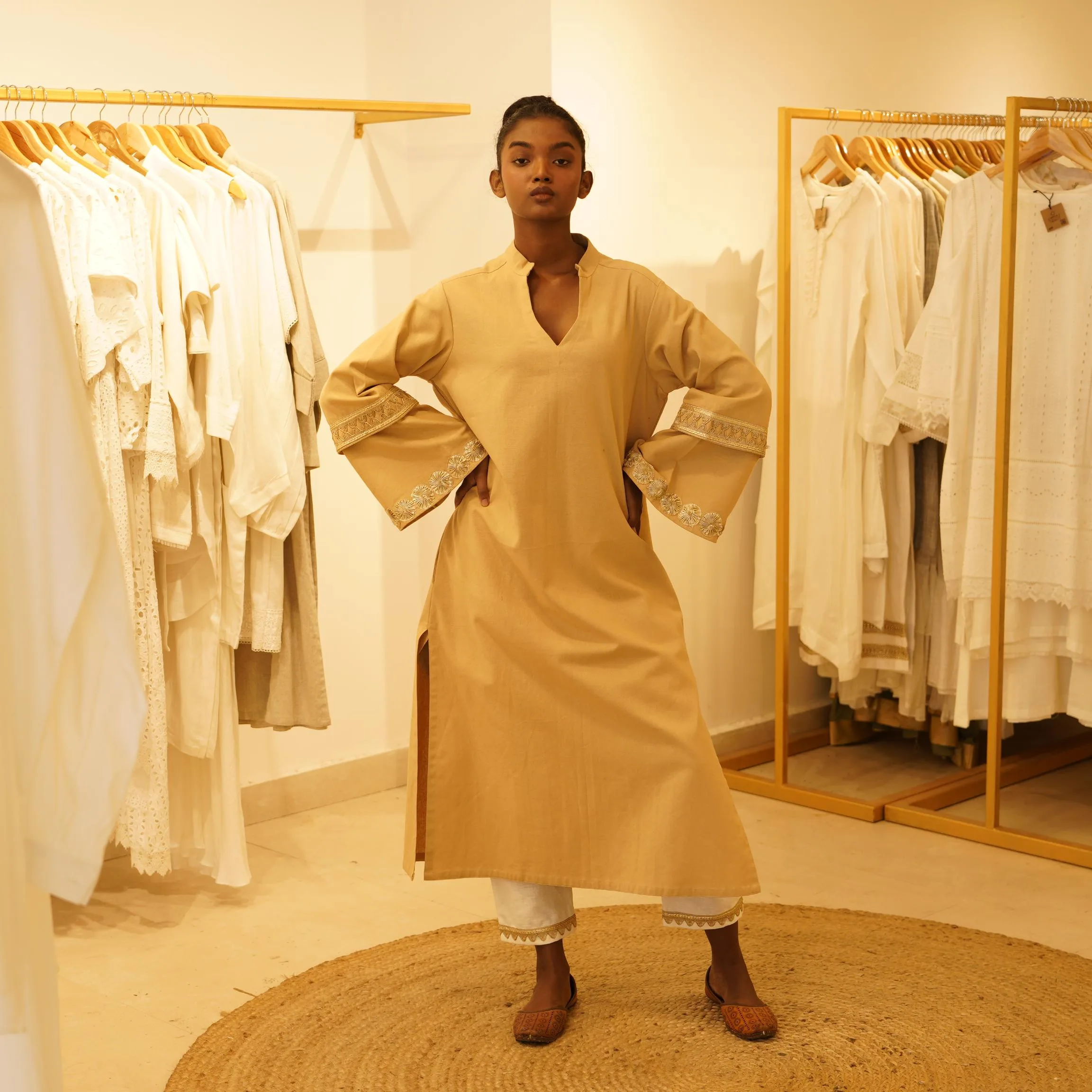 Classic Ethnic Designer Premium Cotton Golden Beige Top Kurta & Linen Bottom 2 Pc Set