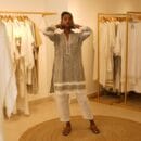 Ethnic Classic Designer Linen White 2 PC Suit V Neck Grey Kurta & White Bottom