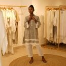 Ethnic Classic Designer Linen White 2 PC Suit V Neck Grey Kurta & White Bottom