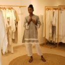 Ethnic Classic Designer Linen White 2 PC Suit V Neck Grey Kurta & White Bottom